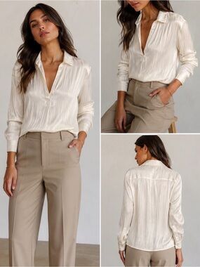 Brochu Walker Ivory Pleated Satin V-Neck Blouse
